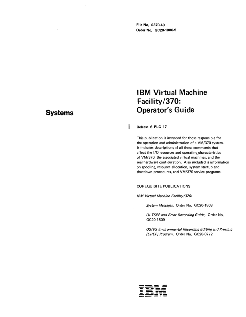 IBM Virtual Machine Facility/370: Operator's Guide 2 page 1