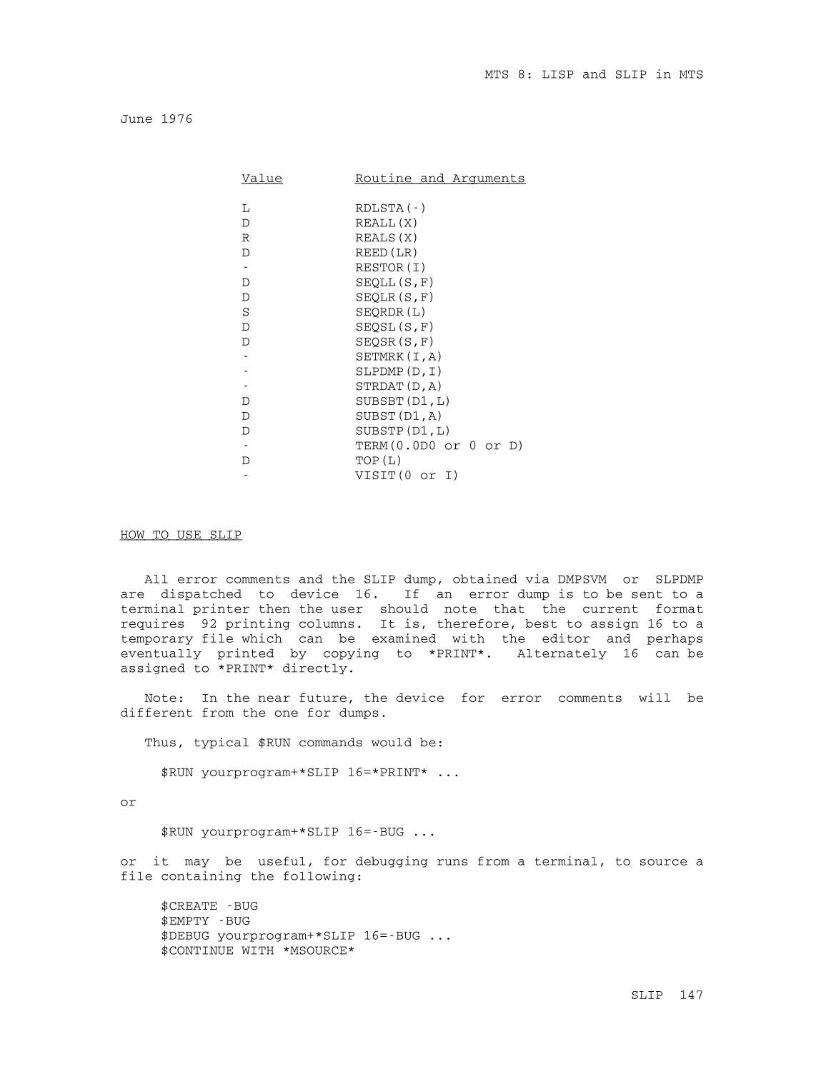 MTS Volume 8 - LISP and SLIP page 146