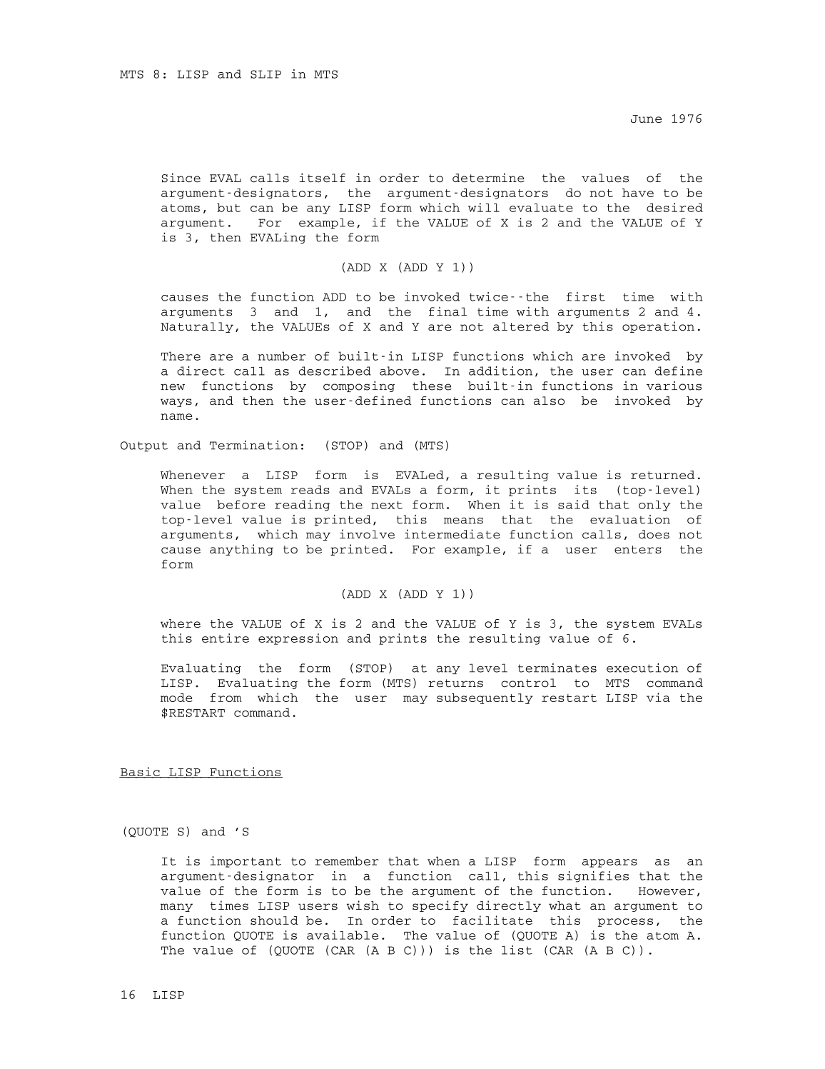 MTS Volume 8 - LISP and SLIP page 16