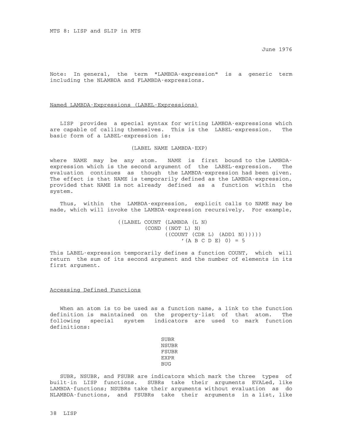 MTS Volume 8 - LISP and SLIP page 38
