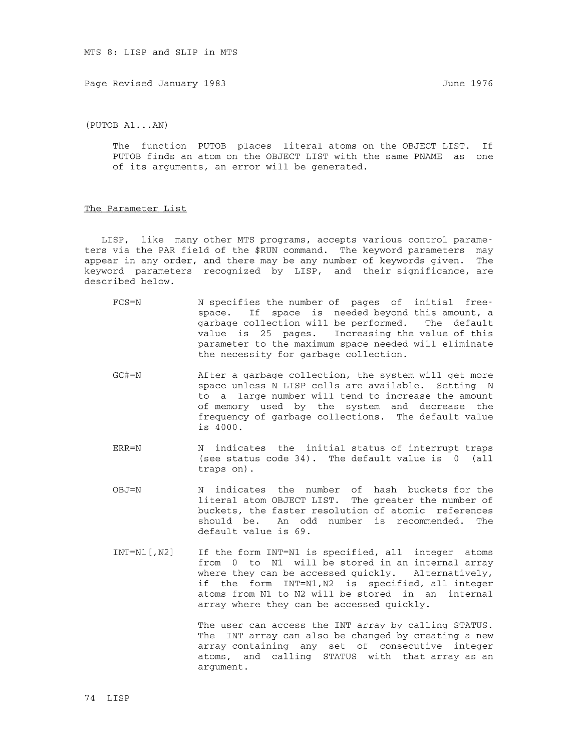 MTS Volume 8 - LISP and SLIP page 74