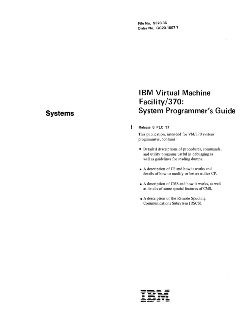 VM370 System Programmers Guide (Rel6) page i