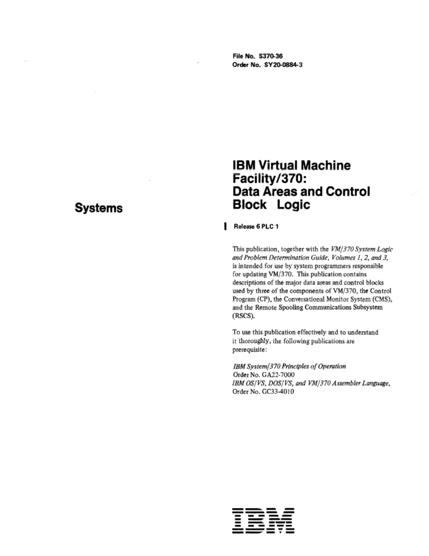 VM370 Rel 6 Data Areas and Control Block Logic (Mar79) page 1